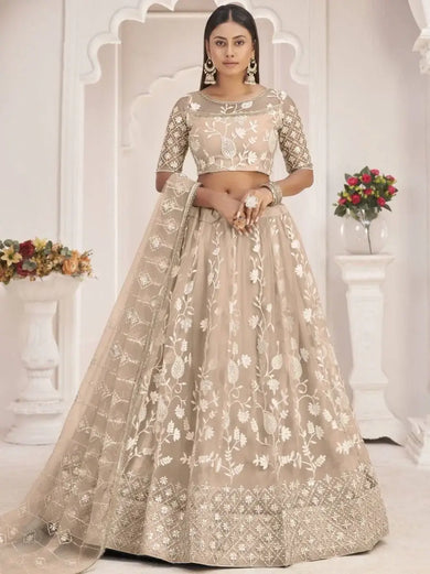 Awesome Beige Thread Embroidered Butterfly Net Lehenga Choli